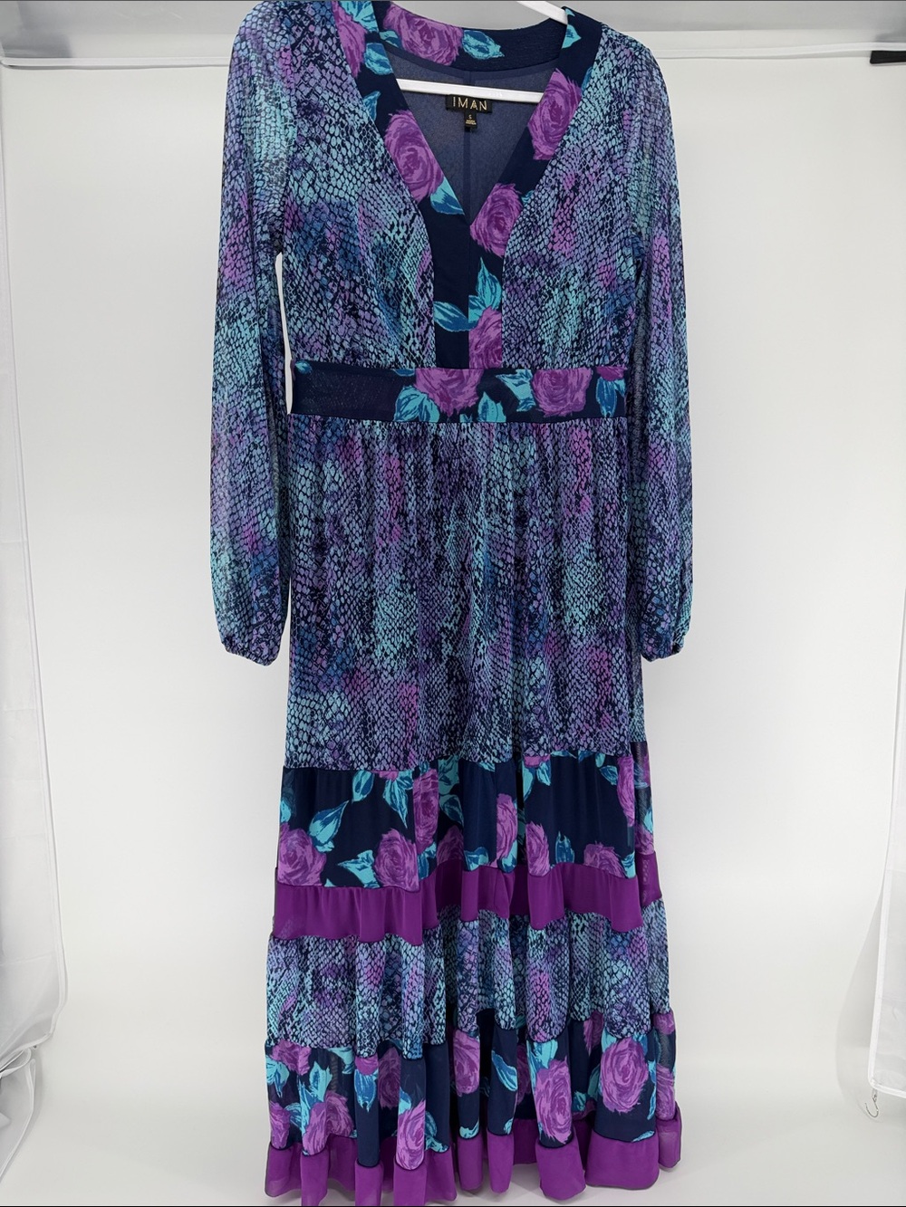 IMAN Navy Dress with Purple Roses and Teal Accents